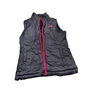 The North Face Mossbud Swirl Reversible Vest Gray Pink Fleece Puffer Womens